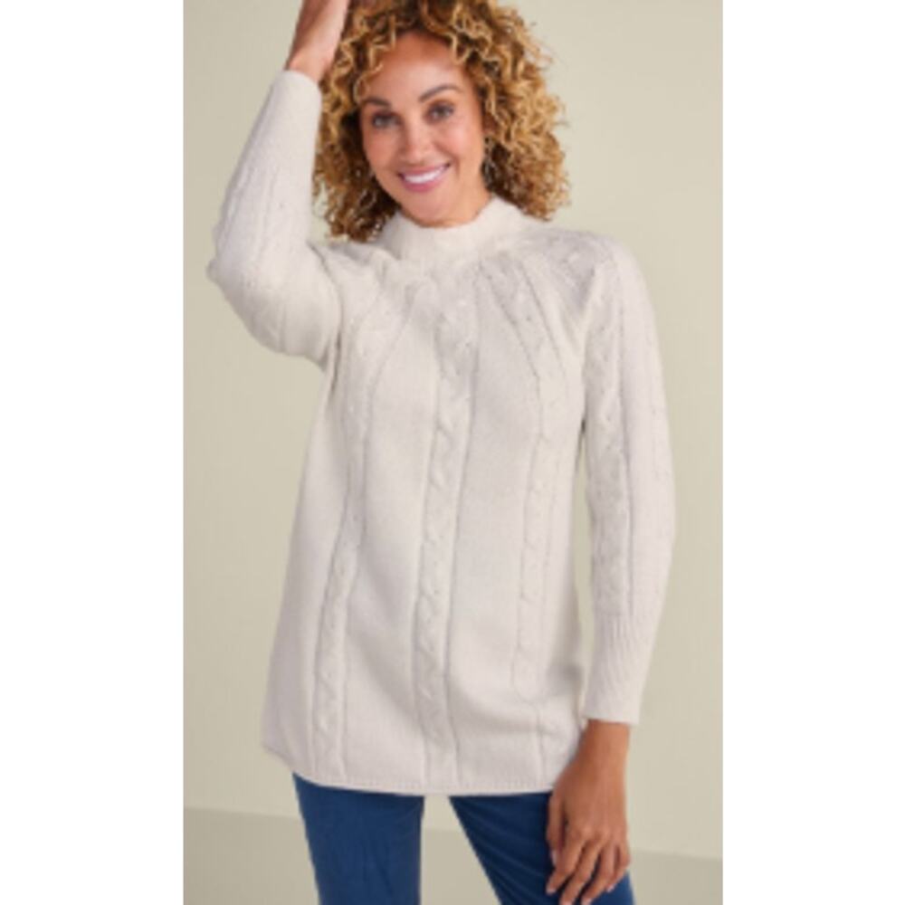 Soft Surroundings Ivory Nisette Sweater Cable Knit Mock Neck Sweater Sz PM